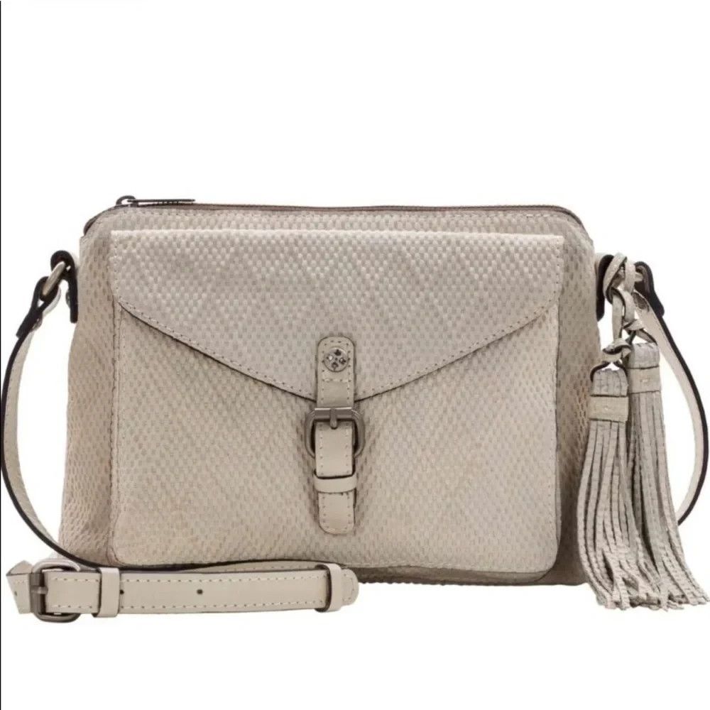 Patricia Nash P062246 Off White Woven Textured Leather Flap Crossbody Tassel Bag